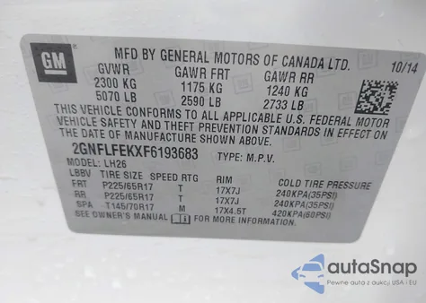 2015 Chevrolet Equinox 1Lt from USA, damaged, VIN 2GNFLFEKXF6193683